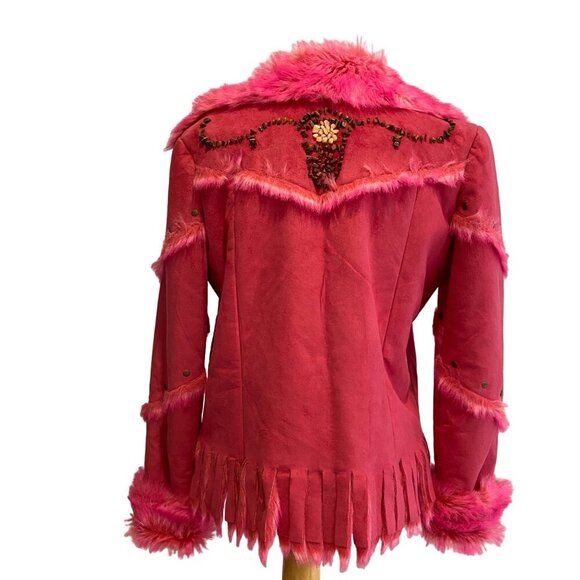 Pink Faux Fur Trimmed women Jacket Fringe & Studs Small western cowgirl Barbie - Picture 1 of 16